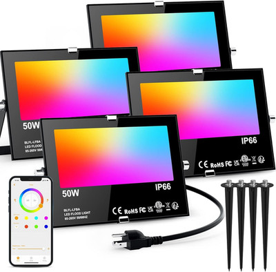 Flood Lights Outdoor RGB with Stake, 500W Equivalent Smart 4 Pack Stake