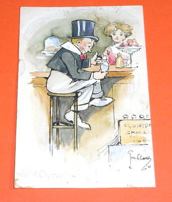 ORIGINAL JAMES CLARK SIGNIERTE TINTE & AQUARELL COMIC POSTKARTE - REISS.
