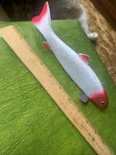 Vtg. Ice King Fish Spearing Decoy - Bear Creek Bait Co.- Red White Sucker