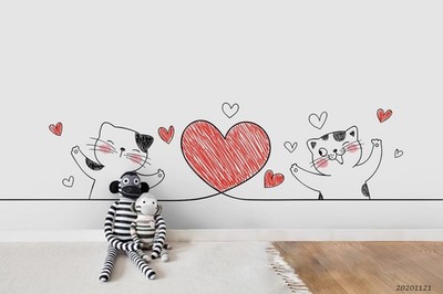 3D Heart Cat Valentine's Day Wall Murals Wallpaper Murals Wall Sticker