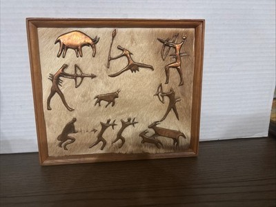 Vintage Malakai Desert Bushman Solid Copper Figures On Hair Like Background.