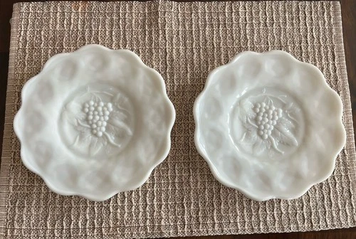 White Milk Glass Plates Grapes Set Of Two Vintage Pedestal 7.5” Egg Dimples
