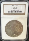 1923 Philadelphia Peace Silver Dollar $1 NGC MS63