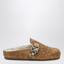 BURBERRY Urchin Jute Beige Check Shearling Clogs New Authentic