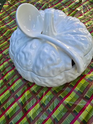 Pumpkin shaped Soup tureen, with ladle, glazed  ceramic.