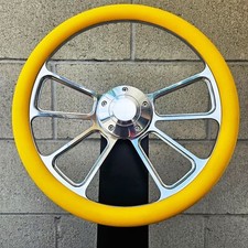 14 Billet 4 Spoke Steering Wheel W Yellow Vinyl Half Wrap And Plain Horn