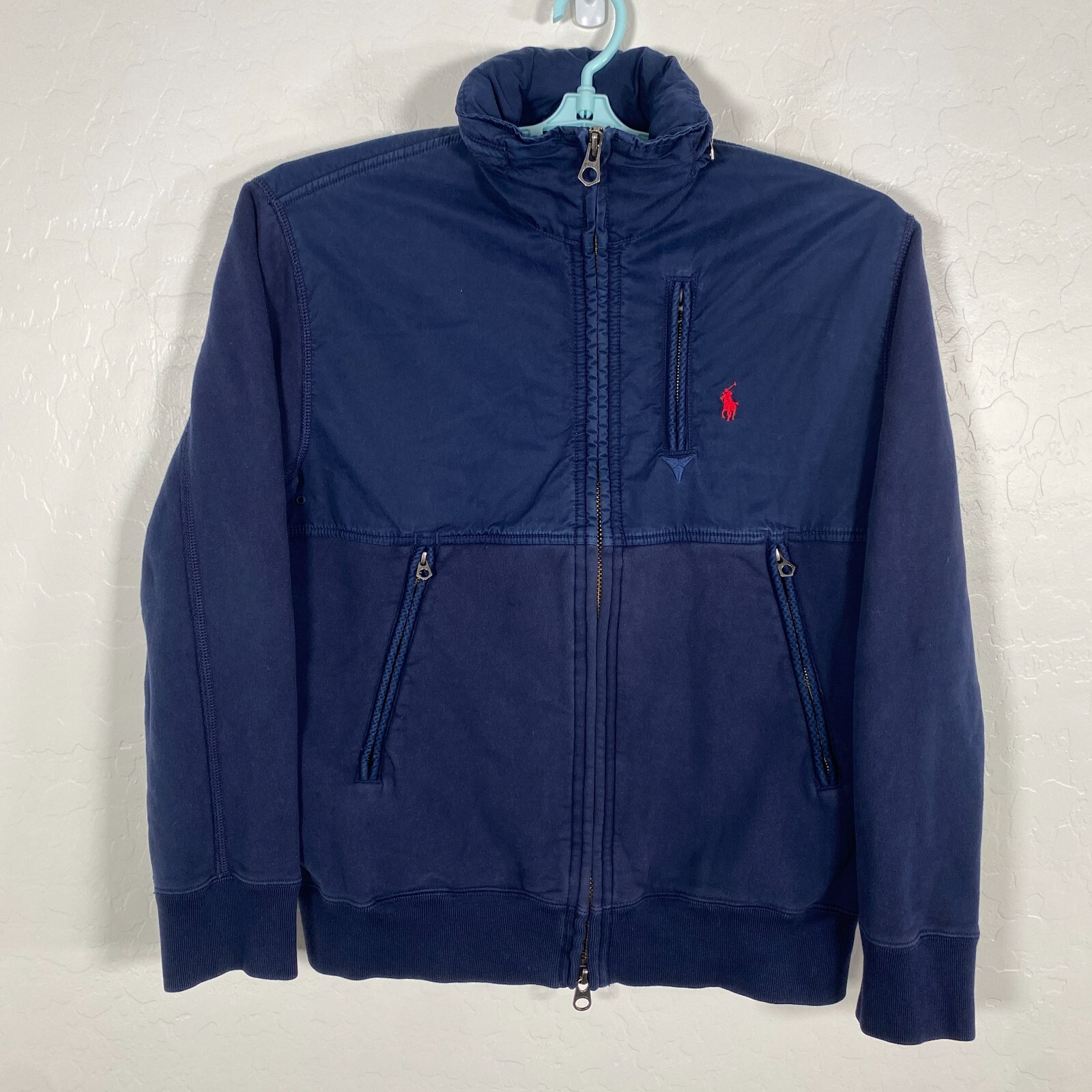 Giacca Polo Ralph Lauren Vintage Uomo Grande Blu Bomber Foderata in Pile con Cappuccio Pony
