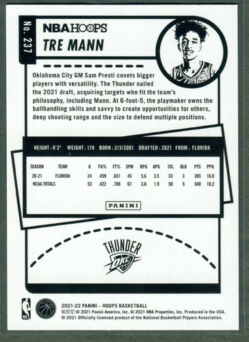2021-22 NBA Hoops Tre Mann Rookie RC #237 Thunder - Bild 2 von 2