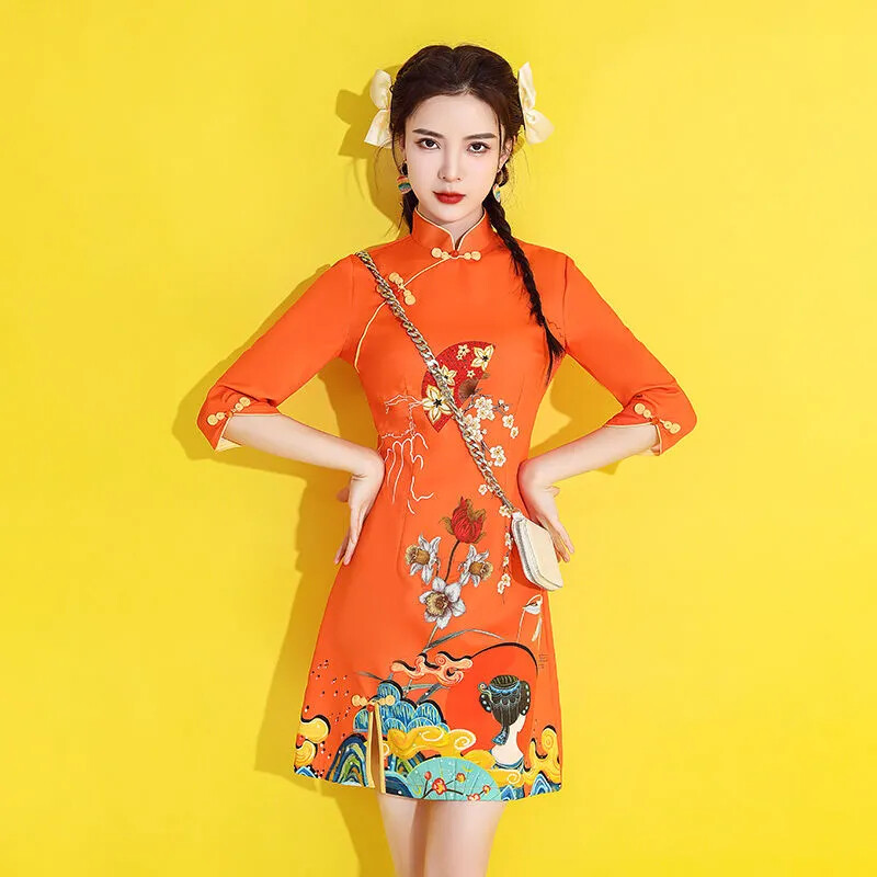 3COLOUR★Slit cheongsam print dress 39 Ladies Chinese Traditional Cheongsam Bomber Dress Slit Frog