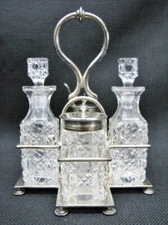 English Edwardian Mappin & Webb Silverplate & Cut Glass Cruet Set; Complete
