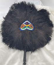Vintage Black Ostrich Feather Fan Wall Art Turned Wooden Handle with Embroidery