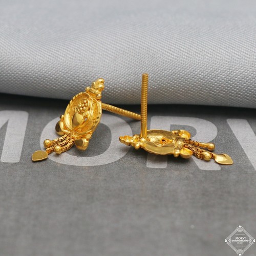 Pure 22k 916 Yellow Gold Stud Earrings, 22kt Gold Indian Handmade Jewelry - Picture 2 of 6