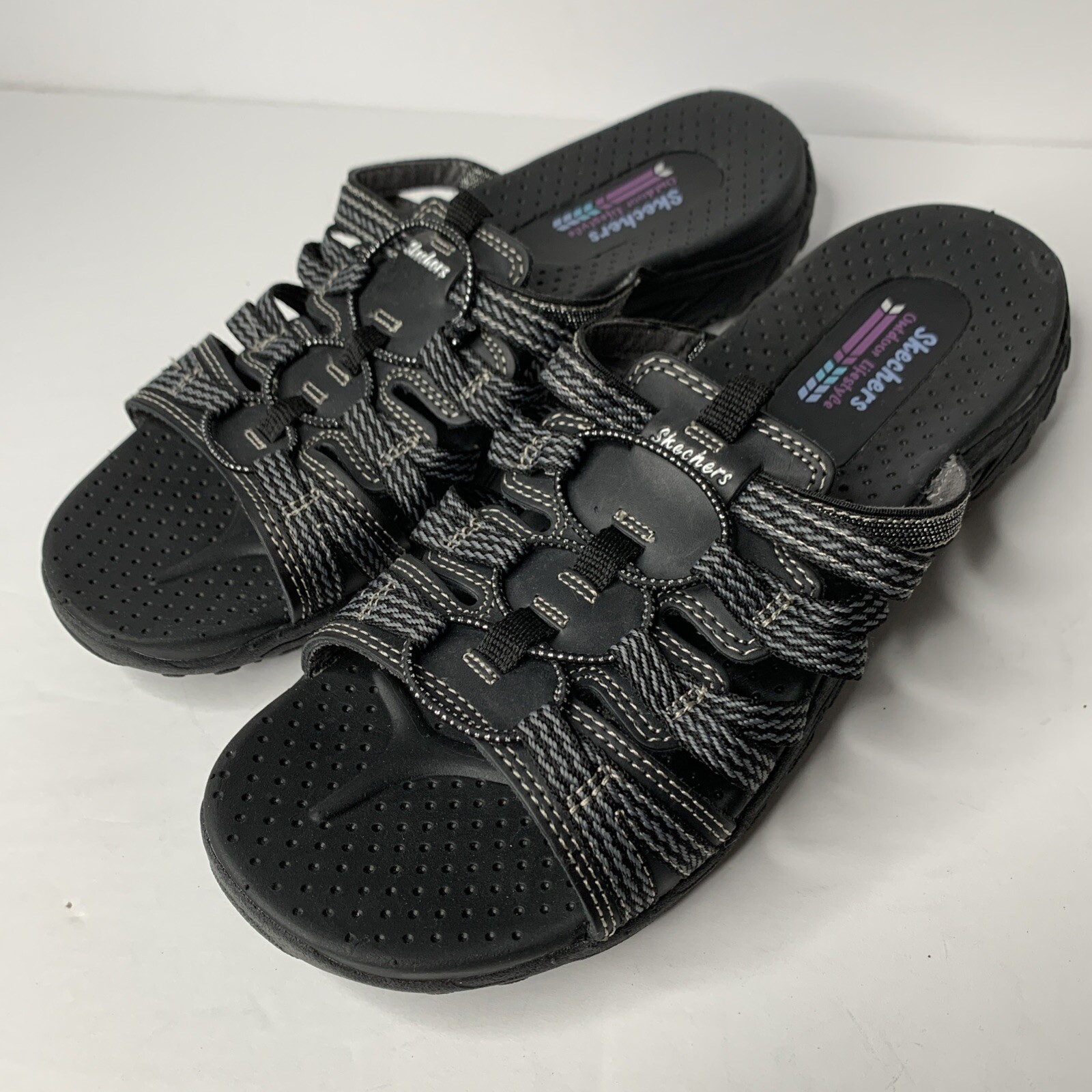 Skechers 40873 Reggae Repetition Sandals Slides Black Slip On Womens Size 8 New