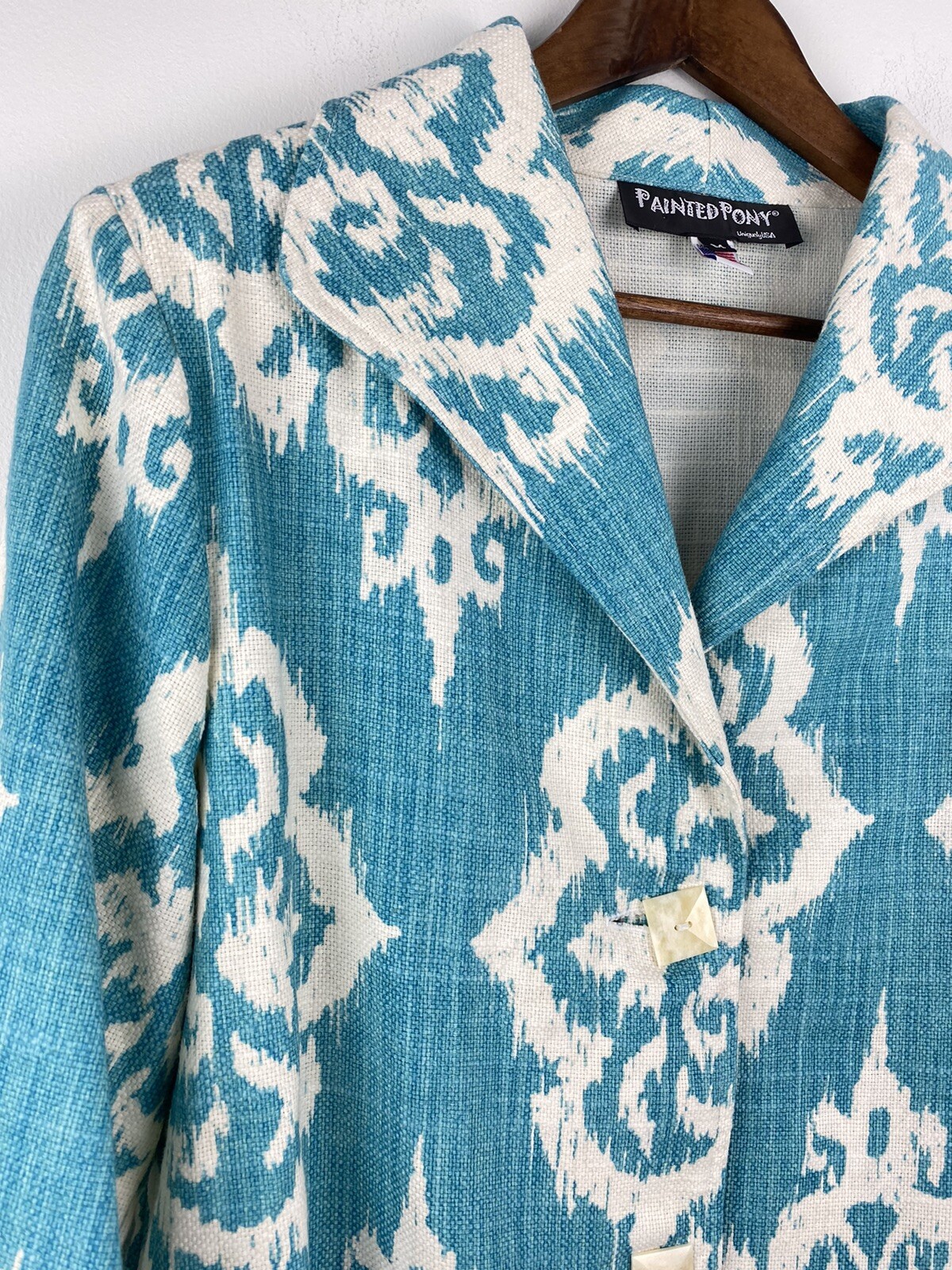 Giacca blazer damascato donna blu acqua e bianco vintage dipinto pony taglia media