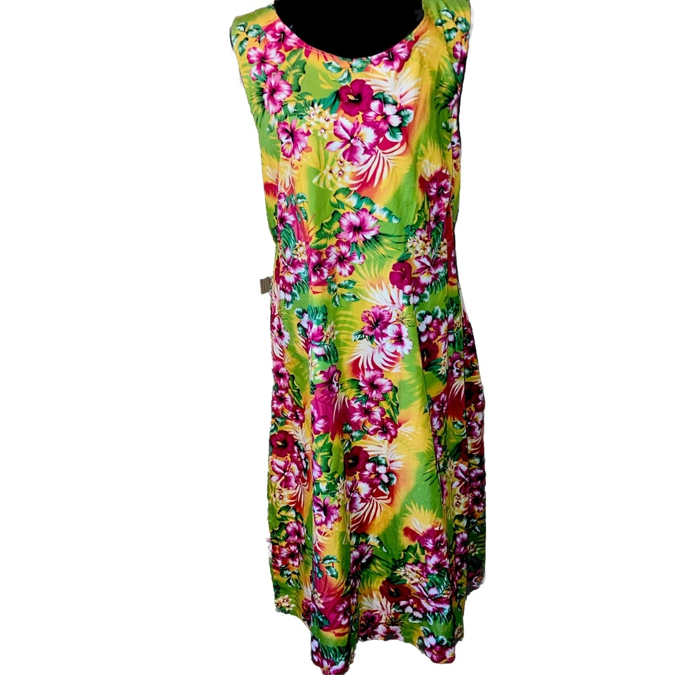 Vestido Mamá Hawaiano Floral Amarillo Blanco Palmeras Rojo Hibisco Y Rosa Corbata Med Foto 2 de 4