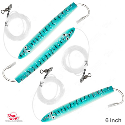 3pcs 6'' Fishing Cedar Plugs Rig Tuna Mahi Trolling Wood Lure 10/0 hook blue whit