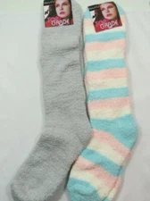 2 Pack Slipper Fuzzy Striped Knee High Socks Womens 9-11 Powder Blue Pink N