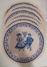 6 Dancing Couple Needle Point Tapestry Round Placemat Lace Edge Blue White Tyrol