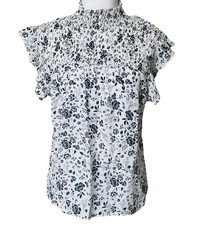 Adiva Smocked Babydoll Top White Blue Floral Ruffle Neck & Sleeves Sz M Blouse
