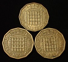 UK Three 3 Pence 1959 , 1960 , 1961 Elizabeth II Lot of 3 Coins WCA 541