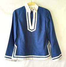 Talbots Blue & White Linen Tunic Top w/ Slit Neck & Side Slits Size 6P