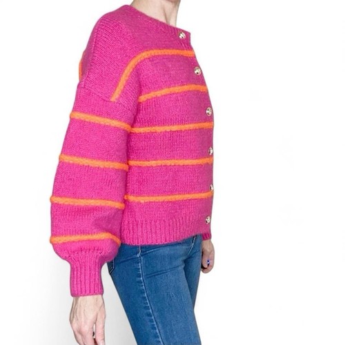 NWT Fashion Clothing Pink & Orange Striped Puff Sleeve Preppy Cardigan Sweater - Picture 5 of 8