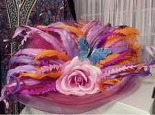 Women's Handmade Hat -  Pink Purple Orange Feathers Butterfly Floral