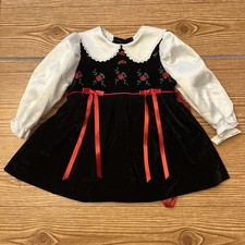 Vtg Rare Editions Black Velvet Party Dress Size 3-6 Months Bows Flowers READ