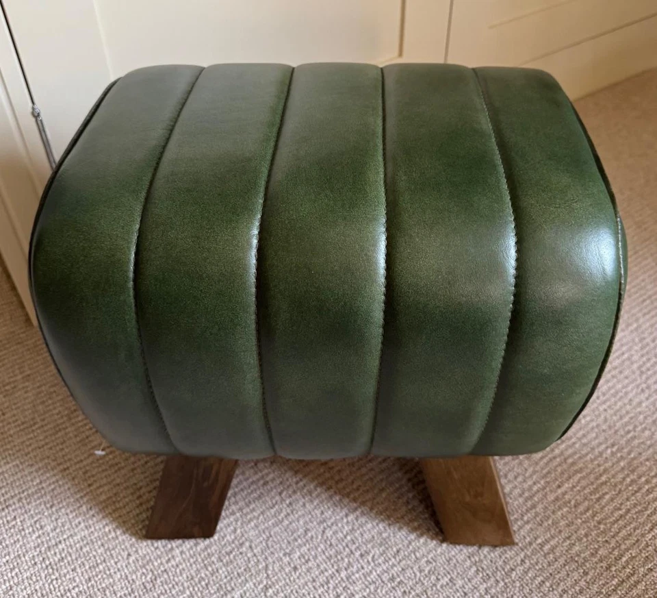 Green Leather Stool / Footstool Wood Legs Pommel Horse Style Retro Vintage - Image 3 of 4