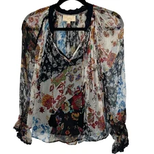 Love The Label XS Floral Patchwork Blouse Bohemian Long Sleeve Crochet Trim