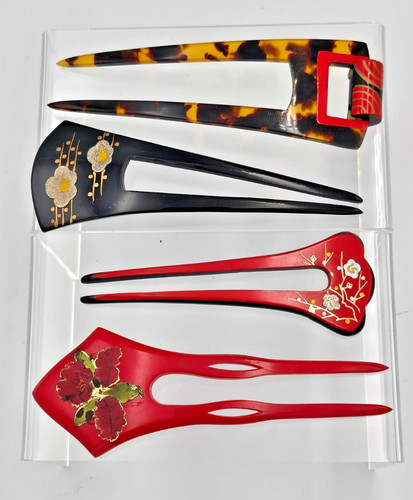 Vintage Decorative Hair Forks Hair Sticks Lot of 4 Floral Faux Tortoiseshell