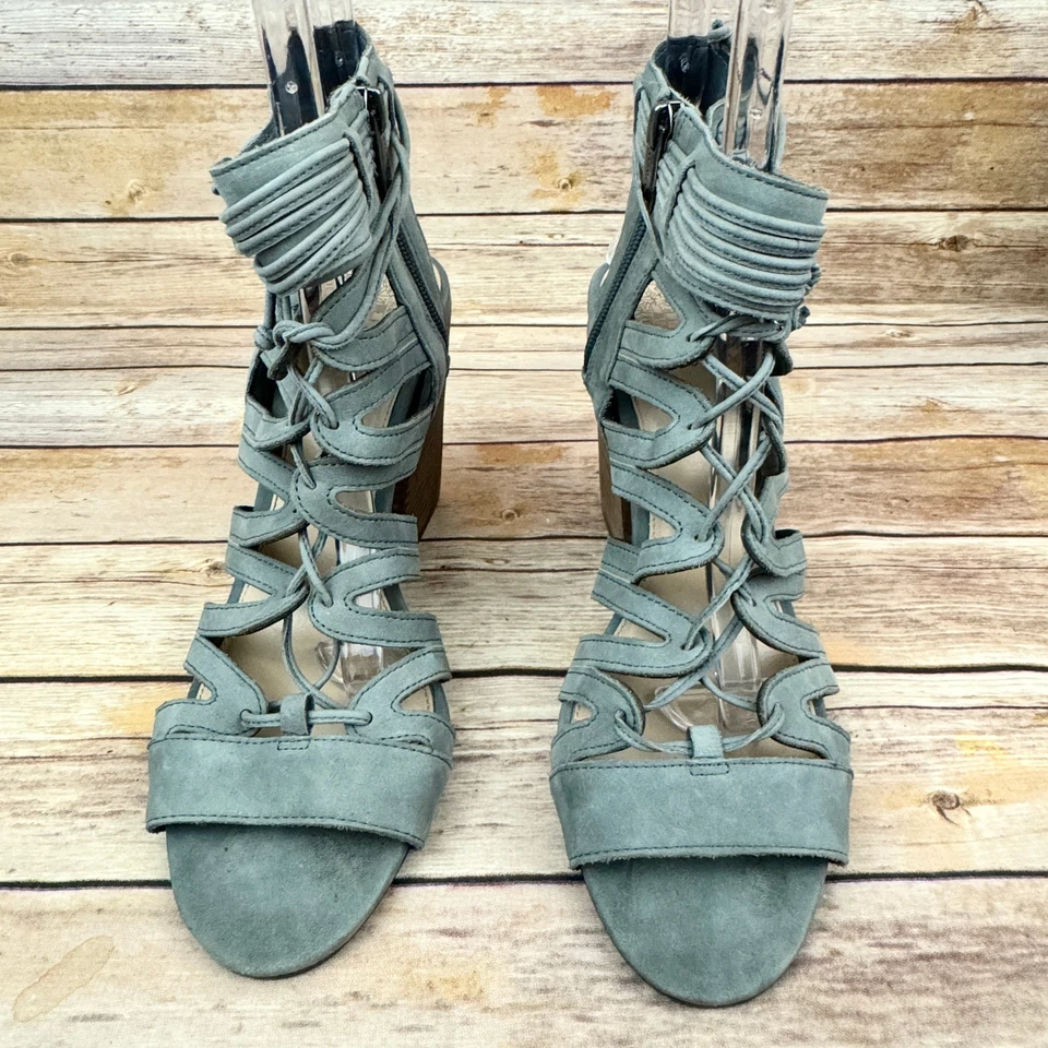 Vince Camuto Women's Gray Leather Lace Up Gladiator Block Heel Boho Sandals 10 - Image 2 of 4