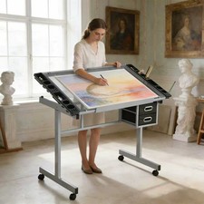 Adjustable Drafting Table Art Desk w/2 Fabric Drawers  4 Wheels