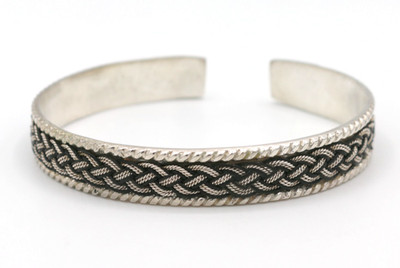 Unique VTG Sterling Silver Black Leather Braided Inlay Bangle Bracelet Cuff 8''