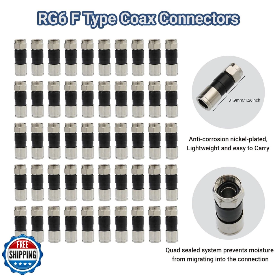 50Pcs RG6 Compression connectors,F Type Coaxial Cable Compression connectors, - Image 2 of 4