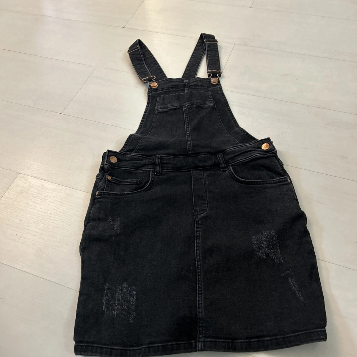 river island black denim dress River Island studded bandeau denim midi dress in black
