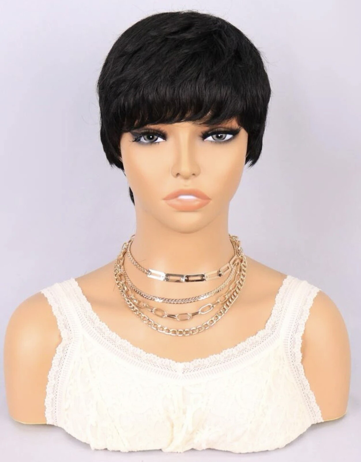 Perruque synthétique noir frange cheveux court avec 4 bonnet filet femme