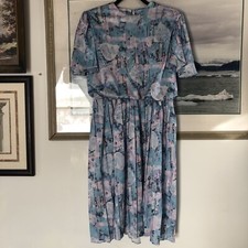 Vtg Whirl Away Blue Pink Print Modest Print Dress Sz 12P A1105