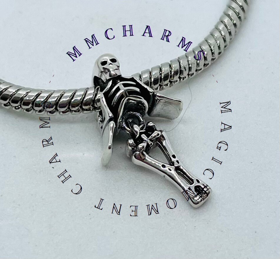 Sterling Silver S925 Skeleton Charm Pouch Spooky Skull Halloween Jewelry