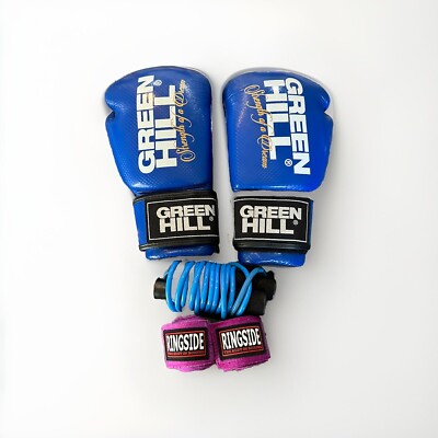 Boxing Gloves w/ Wraps & Rope Leather Kickboxing Training Green Hill Oracle 16oz