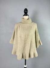 Anthropologie Sweater Womens One Size Creme Ruffle Turtleneck Poncho Soft Fuzzy