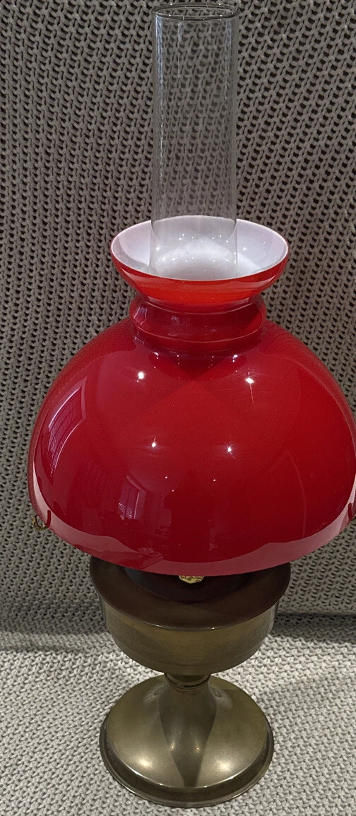 Vintage Brass Toned Aladdin No 23 Oil Lamp With A Nice Chimney Red Glass Shade