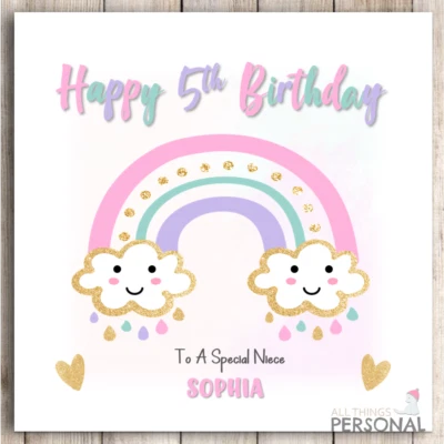 ALL THINGS PERSONAL Rainbow Personalised Birthday Card 1st 2nd 3rd 4th 5th 6th 7th 8th Girls Pink