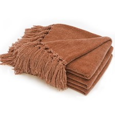 Rust Chenille Throw Blanket Fringe Tassel Soft Cozy Living Room 50x60 Inch