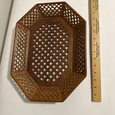 Vintage Mid Century Reticulated Hand Carved Asian Wood & inlay Serving Tray Bowl