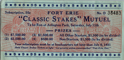 1931 Fort Erie ''Classic Stakes'' Mutuel Sweepstakes/Gambling Ticket