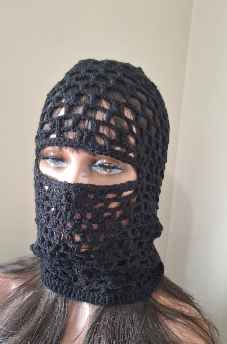 Handmade Black Crochet Mesh Balaclava, OOAK Open Weave Hood, Artistic Knit