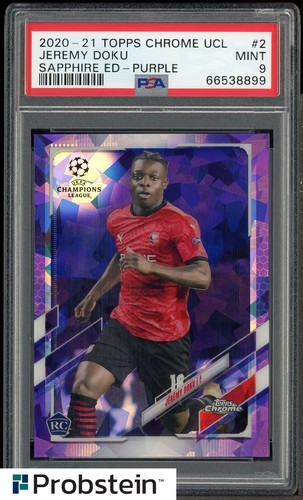 2020-21 Topps Chrome UCL Soccer Sapphire Purple Jeremy Doku RC Rookie /25 PSA 9
