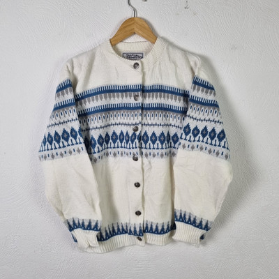 Vintage Jerslid Cardigan Damen XL weiß Fair Isle Muster Strickpullover hergestellt in den USA