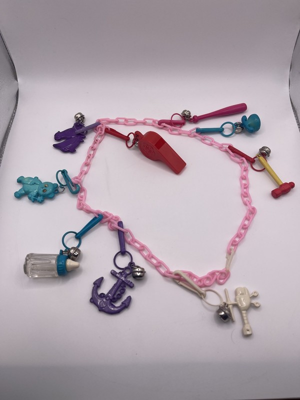 Vintage Plastic Bell Charm Necklace w/ 9 Charms 